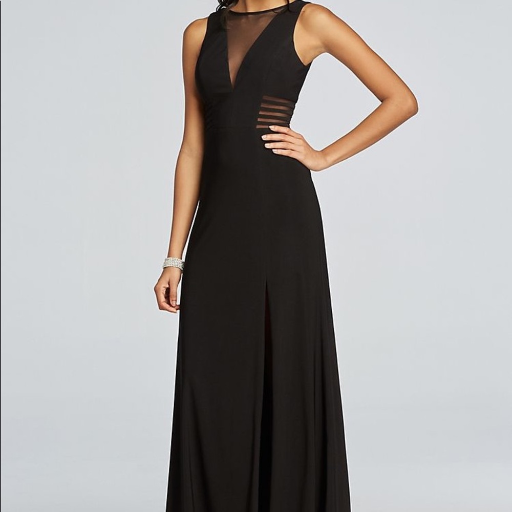 Sleeveless Long Jersey Dress with Illusion V-Neck